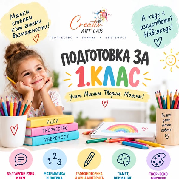 Плакат: ПОДГОТОВКА ЗА 1. КЛАС в Креатив – Арт Лаб