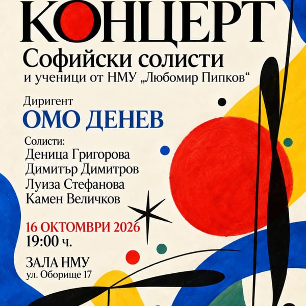 Плакат: Концерт на Камерен ансамбъл „Софийски солисти“ и ученици от НМУ „Любомир Пипков“