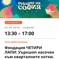 Плакат: Фондация ЧЕТИРИ ЛАПИ: Уъркшоп насочен към кварталните котки.