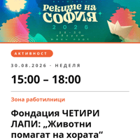 Плакат: Фондация ЧЕТИРИ ЛАПИ: „Животни помагат на хората“