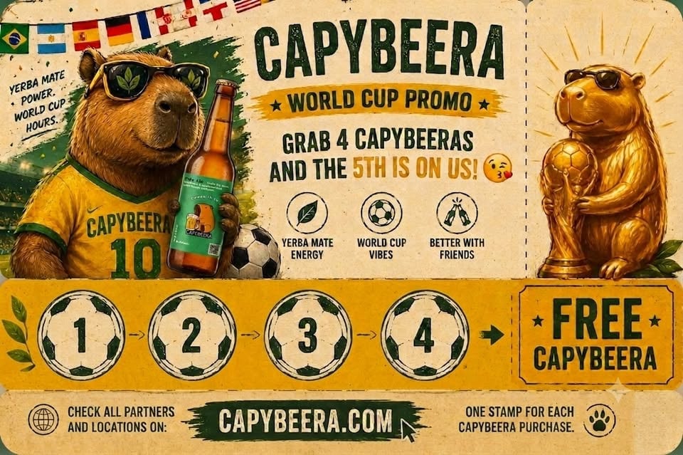 Плакат: 🌿⚽CapyBeera на Световно по Футбол 2026 // Хвани 4 + вземи 1 FREE! 🐻🍻