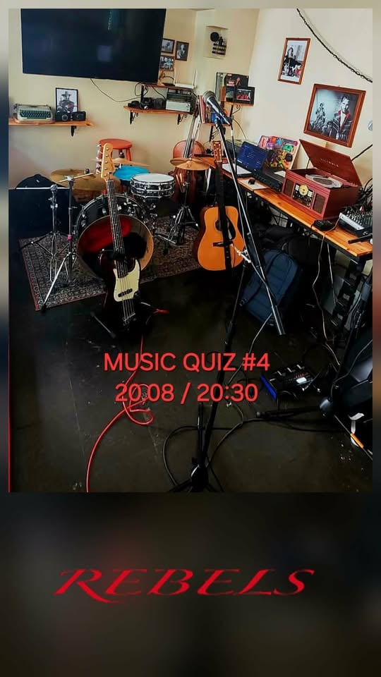 Плакат: MUSIC QUIZ #4 --- 20.08 --- 20:30 --- REBELS CLUB
