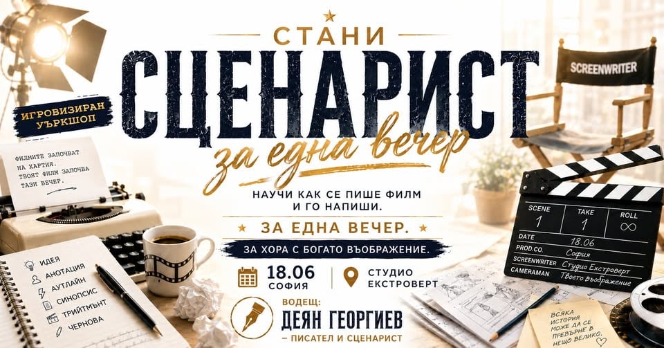 Плакат: Стани сценарист за една вечер | Игровизиран уъркшоп