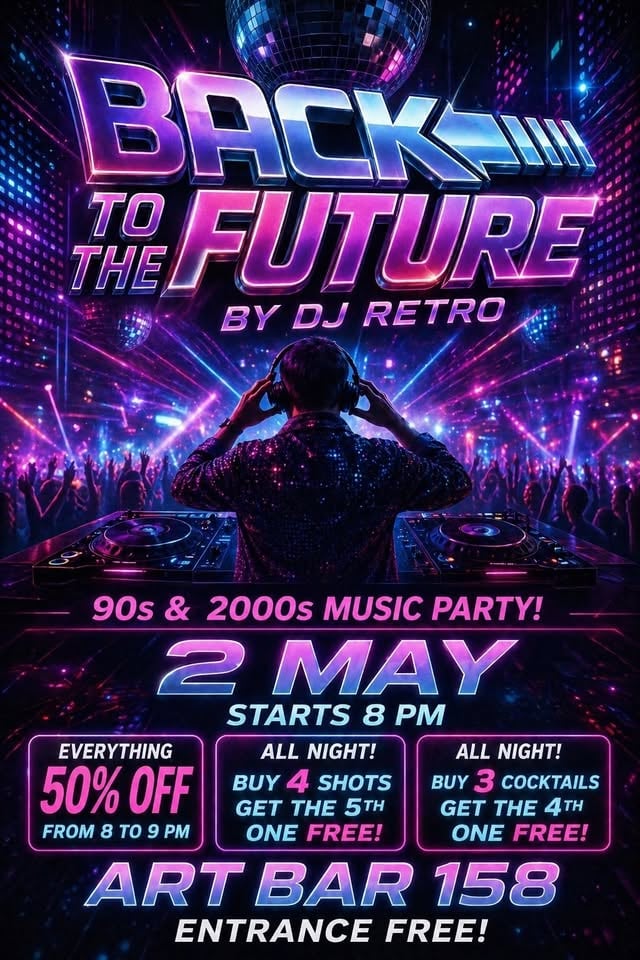 Плакат: 🚀 BACK TO THE FUTURE – Диско вечер в Art Bar 158!