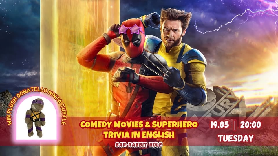 Плакат: COMEDY MOVIES & SUPERHERO TRIVIA IN ENGLISH 19.05