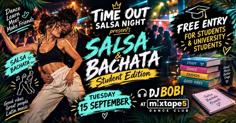 Плакат: TIME OUT | BACK TO SCHOOL…BUT MAKE IT LATIN @ *mixtape5* DJ BOBI | 15.09 | 21:30