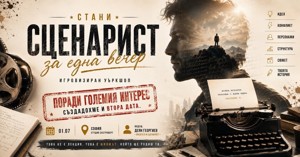Плакат: Стани сценарист за една вечер | Игровизиран уъркшоп - специално издание