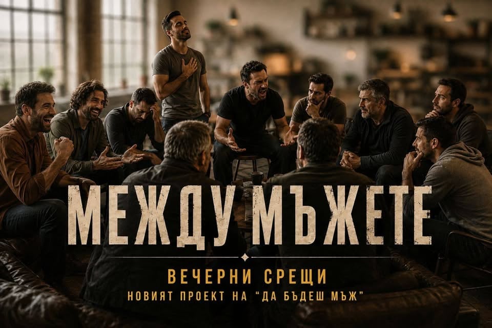 Плакат: "МЕЖДУ МЪЖЕТЕ" - вечерни регулярни срещи за мъже и афтърпарти с жени