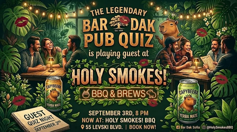 Плакат: 💋bar Dak 🧠 Pub Quiz @ The Holy Smokes BBQ 🔥 Capybeera style 🦫