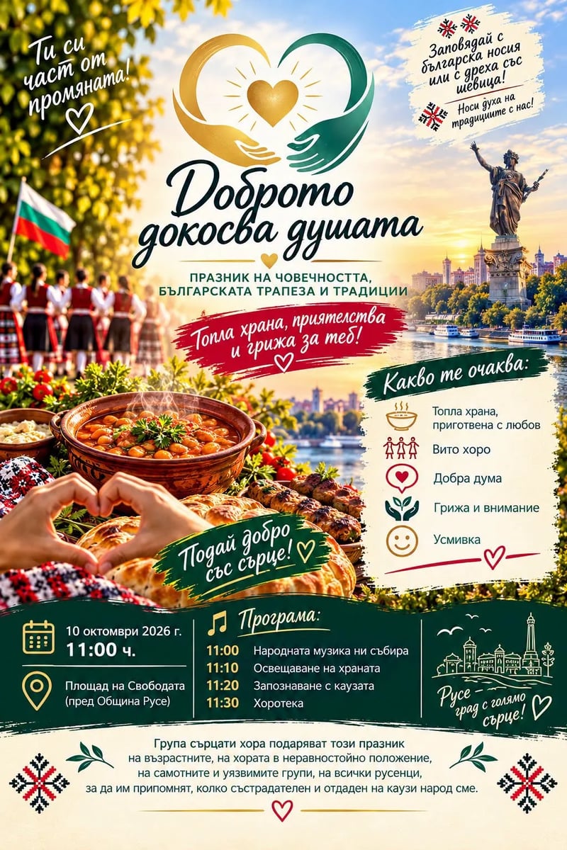 Плакат: ЕДНА ТРАПЕЗА. ХИЛЯДА ДУШИ. ЕДНО ДОБРО, КОЕТО НЯМА ДА СПРЕ!