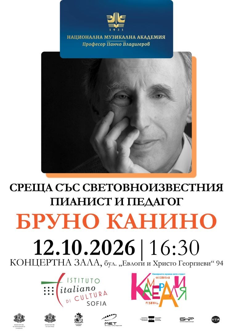 Плакат: Среща със световноизвестния италиански пианист и педагог Бруно Канино