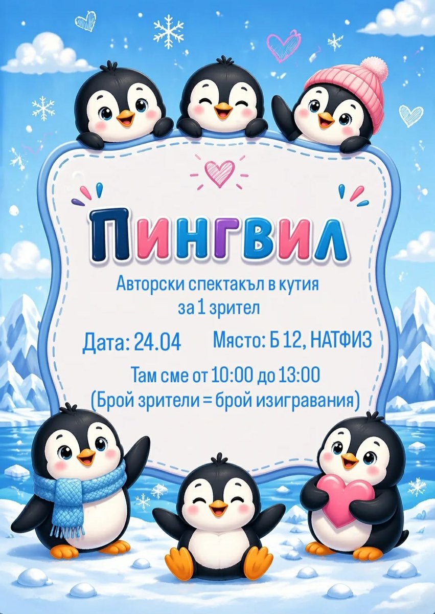 Плакат: ПИНГВИЛ (авторски спектакъл на Екатерина Калоянова и Светослав Тонев) (до 13:00) (ТЕАТРАЛЕН МАРАТОН)